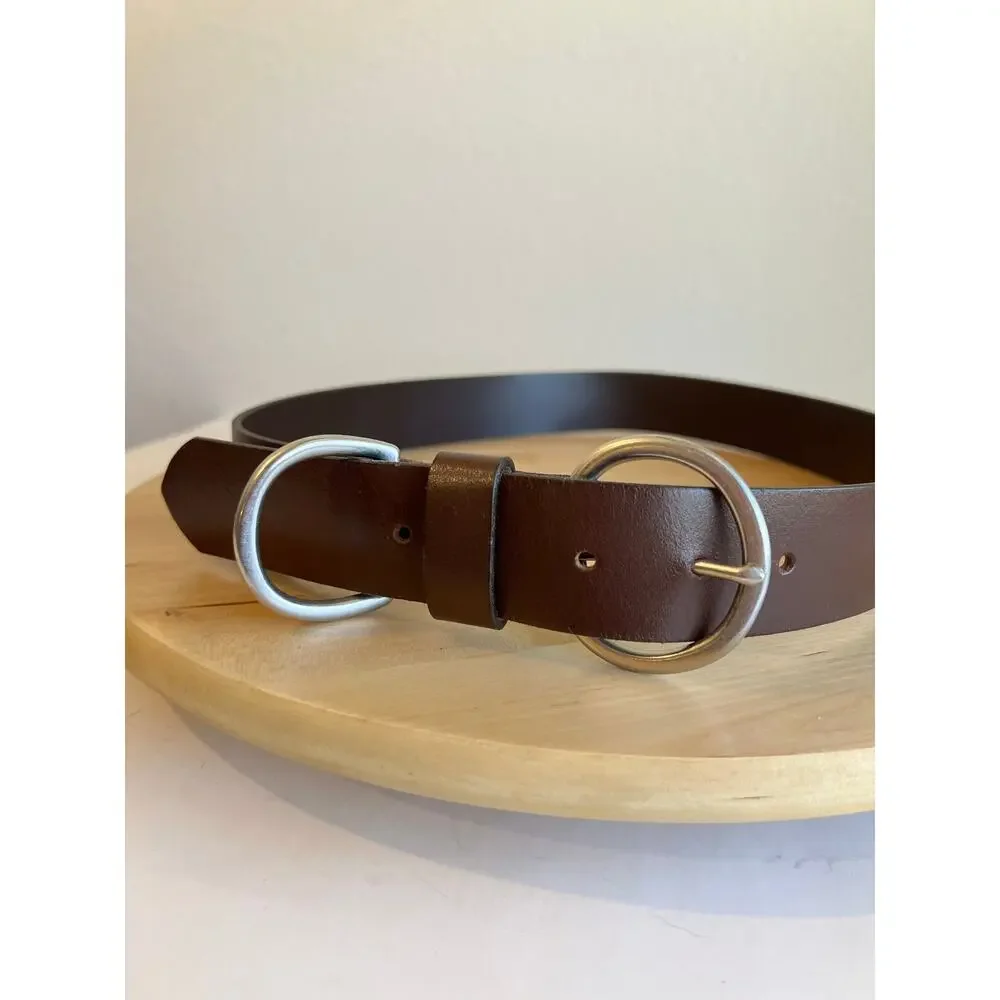 Brown Genuine Italian Leather USA Made Silver Loop Buckle Belt Size Large